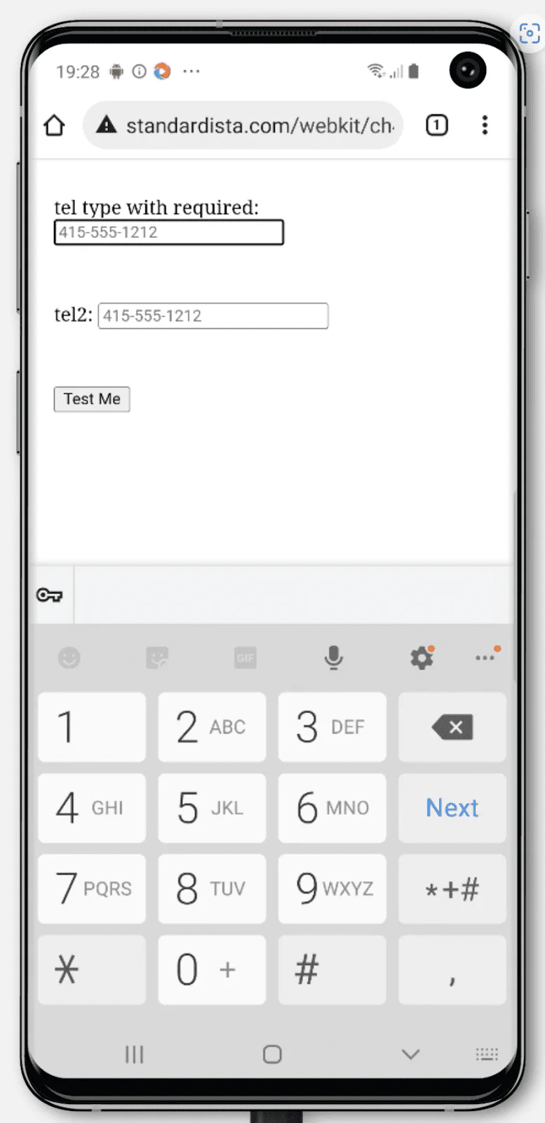 Android keyboard showing input type=tel.