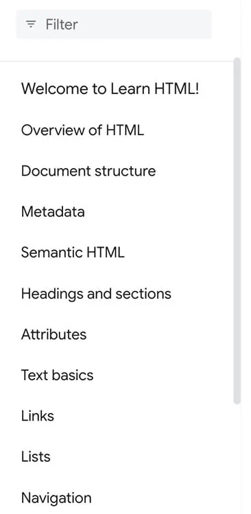 Learn HTML chapter navigation.