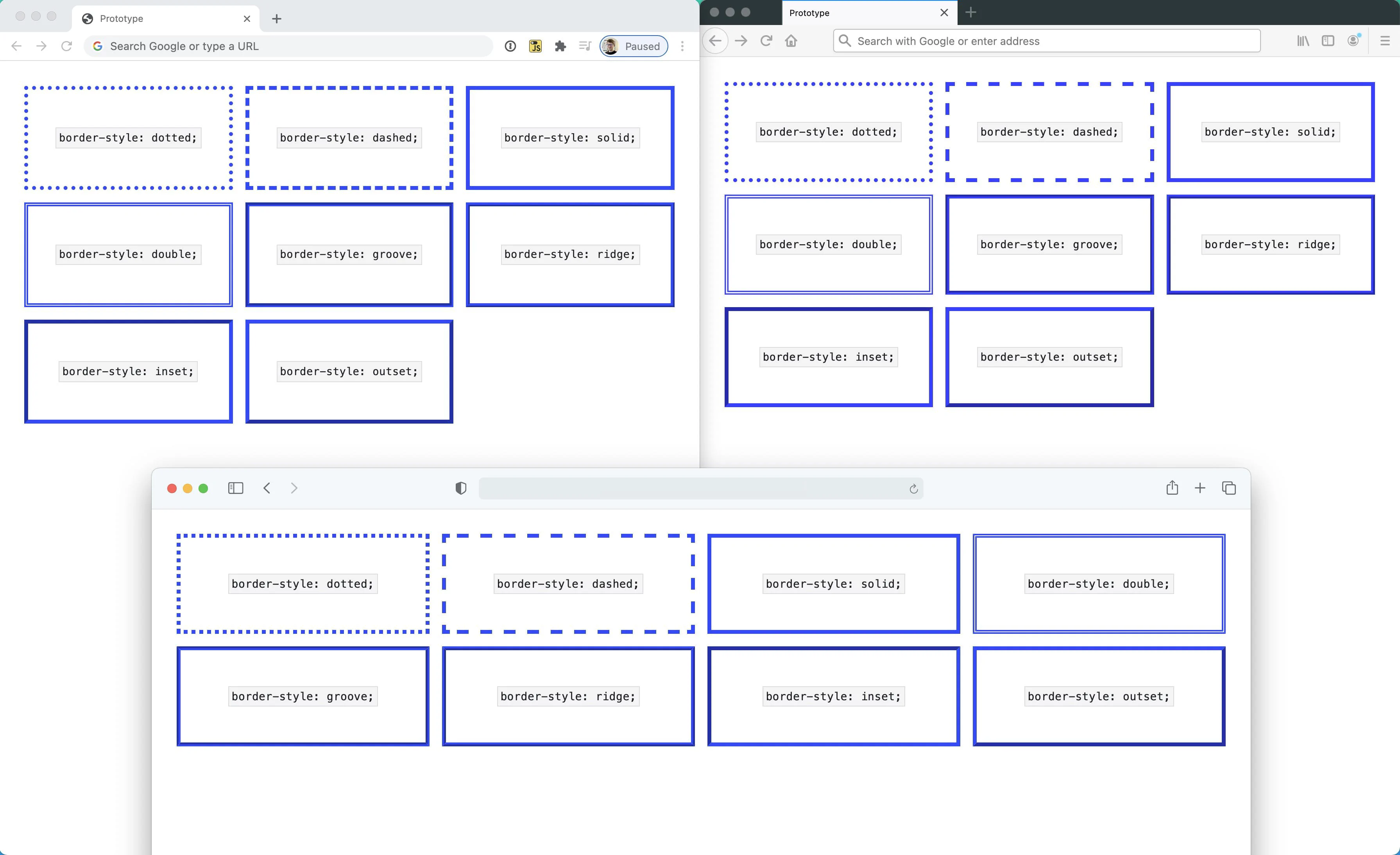 The border demo in Chrome,
Firefox and Safari which demonstrates the subtle differences
in how the borders display